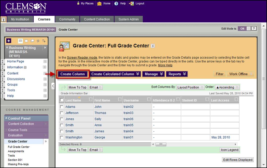 25. The Grade Center is displayed with the new Weighted Column at far right. Creating a Text Column A Text Column will display in the grade in alphanumeric format.