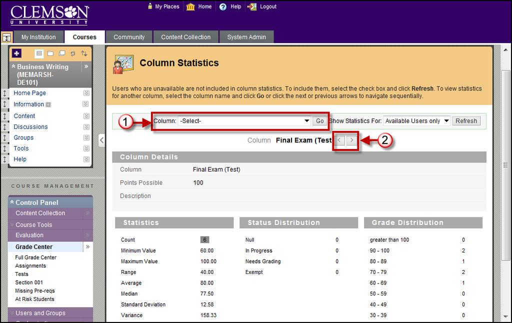 The Column Statistics page displays numerous statistics for a Grade Item, including average, median, standard deviation, and so on. 4.