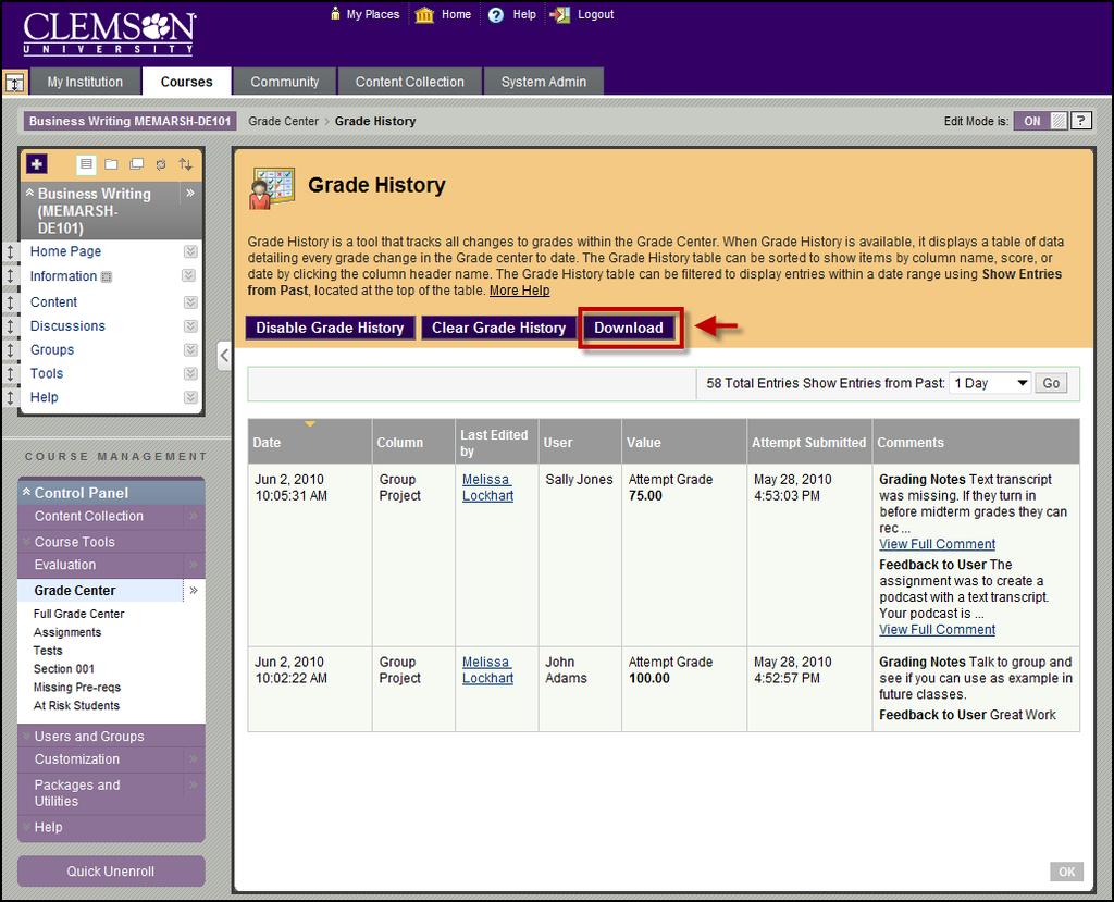 2. The Grade History page is displayed. 3. Click Download. 4.