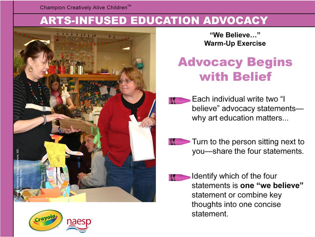 Warm-Up Exercise: Advocacy Begins with Belief Use this quick warm-up exercise to introduce participants to each other and to give them firsthand experience with the starting process of developing a