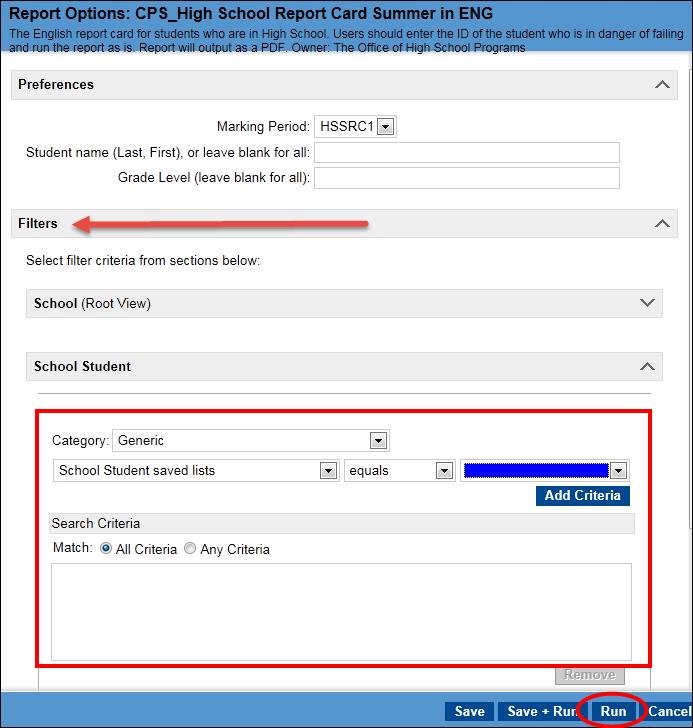 3. On the Report Options dialog box: For Marking Period, ensure the default HSSRC1 is selected.