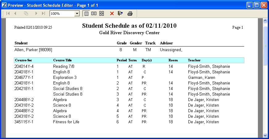 Student Schedule Editor Report The Student Schedule report shows the meeting pattern for each period by displaying the Day codes under the Day(s) column.