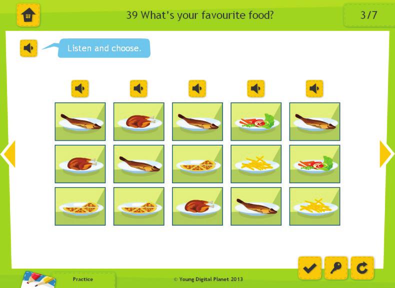 Elicit the answers fish, pizza, pizza, and individual student s answers, then point at a boy student and say: His favourite food is pizza.