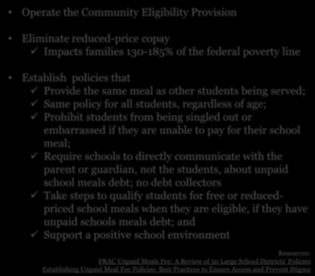 Unpaid Meal Debt: Best Practices Operate the Community Eligibility Provision Eliminate reduced-price copay Impacts families 130-185% of the federal poverty line Establish policies that Provide the