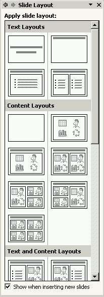 Lesson 10: PowerPoint Presentations Beyond the Basics Notice that the right task pane now becomes the Slide Layout pane (see Fig. 10.23). Fig. 10.23 Slide Layout Pane In previous versions of PowerPoint, there was a confusing variety of slide layouts to choose from.