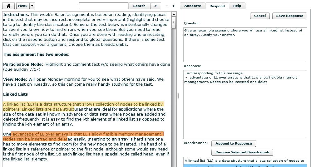 TASK 2- LOOKING AT STUDENT RESPONSES TO GLOBAL QUESTIONS One unique feature of classroom salon is you can ask questions (entered from task/doc manager) where student must use the entire document to