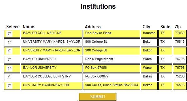 Please provide the institution s name, address, position held, and dates of employment. Example: Baylor 4.