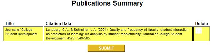 Optional data entry Enter submit 4. The Publications Summary will appear and with only a delete option.