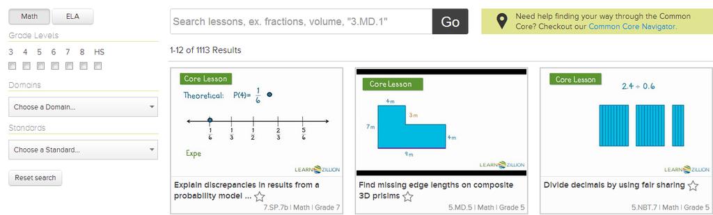 3 The Site Menu Below is a screenshot of what you ll see when you click on Explore lessons and choose Math.