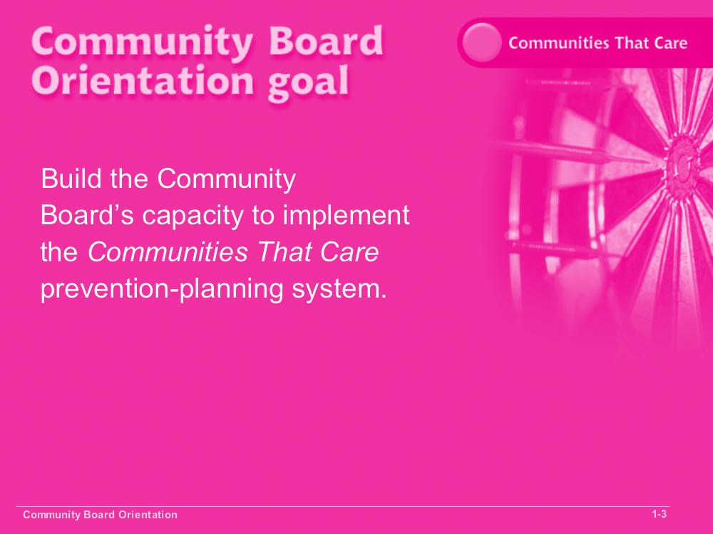Module 1 Slide 1-3 For anyone who may not be familiar with the Communities That Care prevention-planning system yet, I ll give a quick overview.