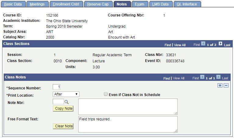 Schedule New Course and Maintain Schedule of Classes Section 3 15. Click the Notes tab.