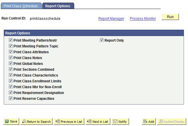 Print the Schedule of Classes Section 8 Print Reserve Capacities Report Only (always check) 7. Click Save and then click Run. 8. Confirm the Server Name field is blank.