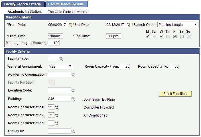 Click the Facility Search Criteria tab o Change the Search Option to Meeting Length: To find rooms available with a flexible