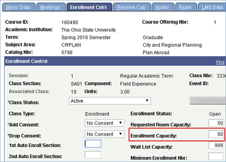 13180 Cap Enrl can be set as needed, but must match the Enrollment Capacity on