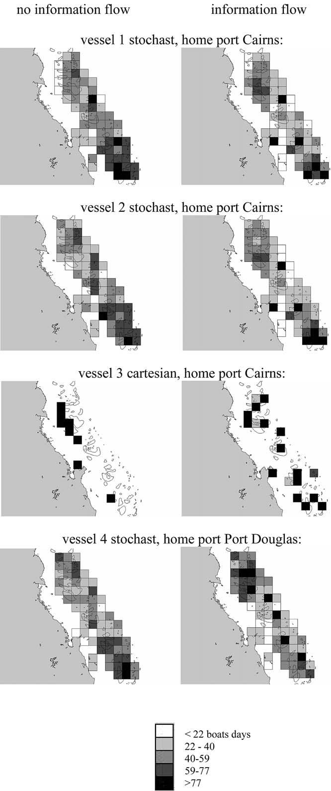 Available biomass on reefs (shading of reefs) (a) in 1998, and in 2025 with projected effort in the last ten years of the projection period (2016 2025, shading of grid cells) under (b) no