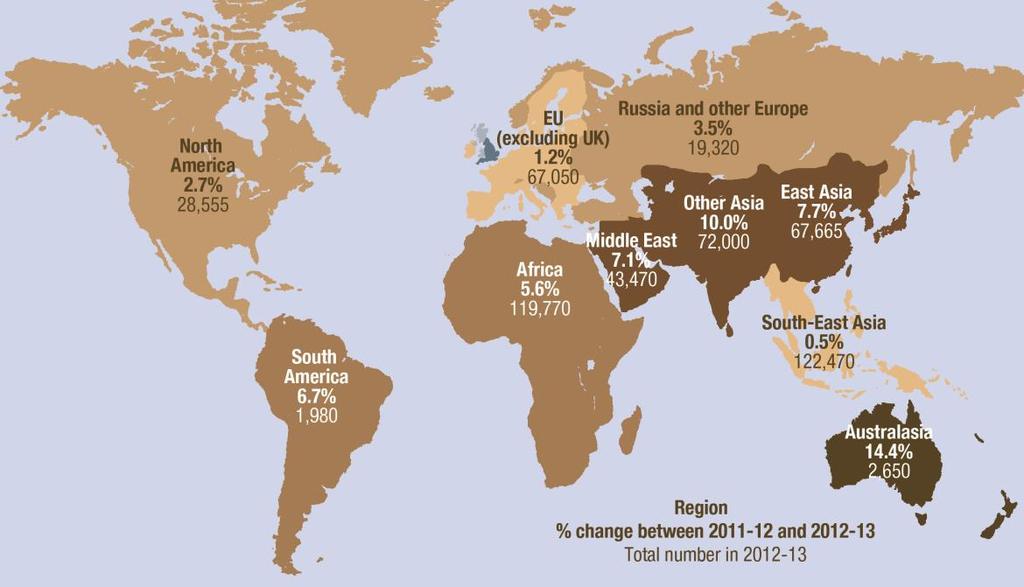 Figure 10: Growth in transnational education 2011-12 and 2012-13 (total student population) Note: Countries shaded the darkest brown saw the biggest growth in this period; countries shaded the