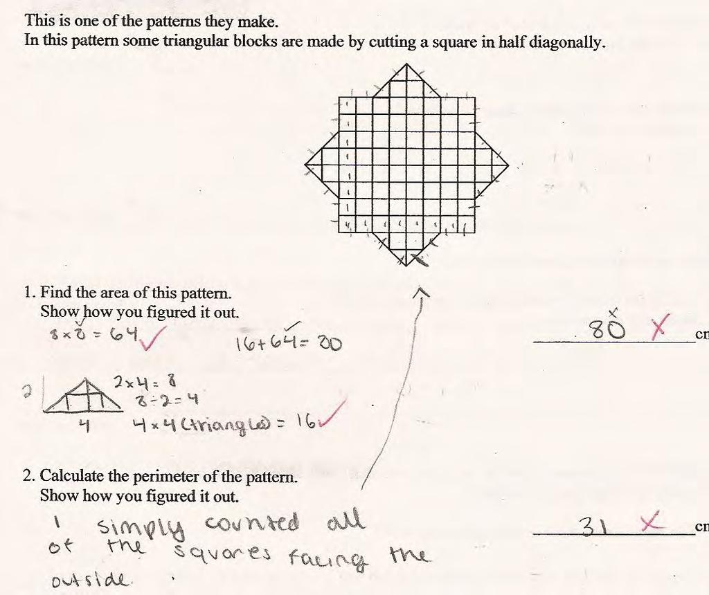 Student E is able to find the area of the drawing in part 1 and uses the formula for area of a triangle.