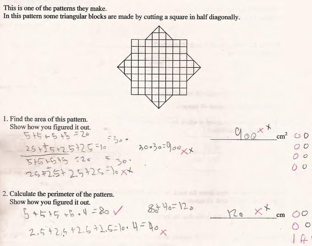 Student G counts the edge of the small squares for one triangle and then 1/2 an edge for the diagonals around another triangle and then treats them as if combined they equaled the side of a rectangle