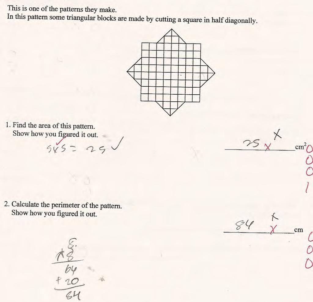 Student H does not appear to have any concept of perimeter. In part 1 the student finds the area of a small square, rather than decomposing the larger figure and finding the area of the total shape.