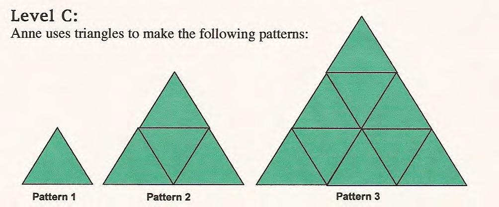 The pattern continues in the same geometric design. Draw Pattern 4, how many triangles are needed? How many triangles are needed to construct Pattern 7?