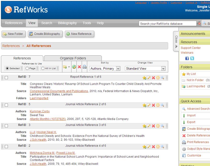 Reference Management Assignment 1 (done with search assignments) Set up a RefWorks account, and create at least