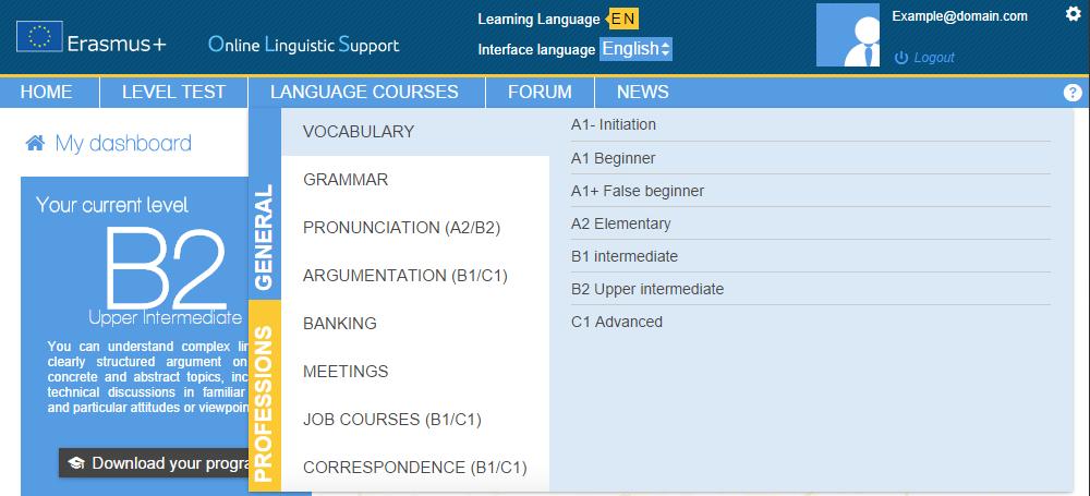 4.3 Language Courses We will now explore your language training course. From the menu, the tab "Language courses" leads to a full range of courses in the selected training language.