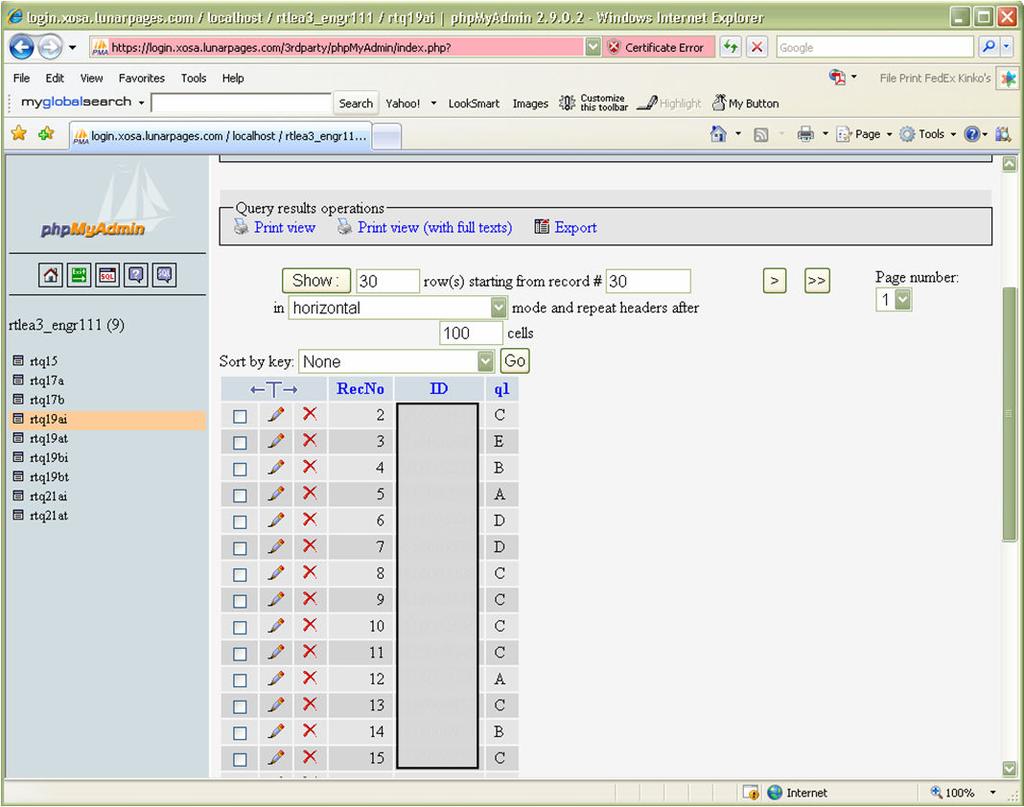 Figure 2. MySQL screenshot with results of a real-time quiz. As with the database programming interface, several programming languages could have been selected for the dynamic web-based interface.