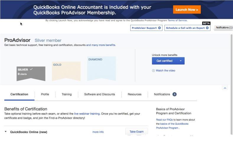 com Click on the ProAdvisor Tab in the left navigation bar Click the Certification tab Select QuickBooks Online: You ll