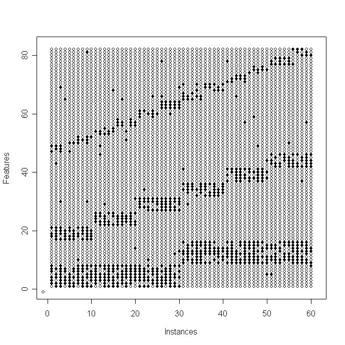 Figure 16: Noisy instances from prototypes In Figure 16, the top figure shows 60 instances of food, 5 for each prototype, with noise alpha=0.7 beta = 0.01.
