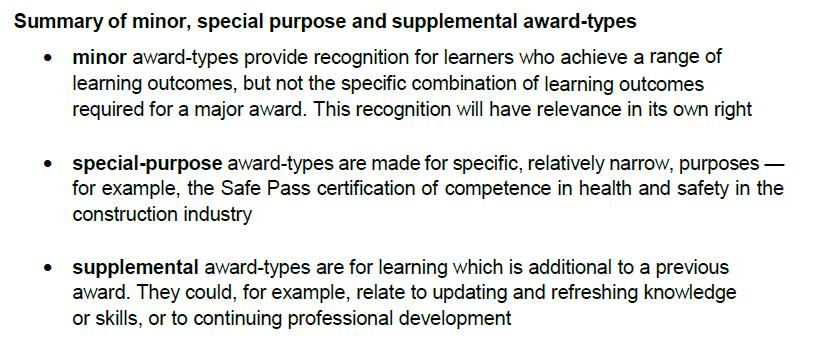 TYPES OF QUALIFICATIONS/AWARDS MAJOR awards are the award titles, levels and sizes named