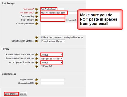Copy and paste the consumer key and secret from the SoftChalk email you received after your registered your server.