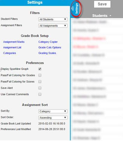 Setting Up the Grade Book, Continued Setting Up Grade Book, continued 4 Click on the Settings bar in the upper left corner under Section to view options.
