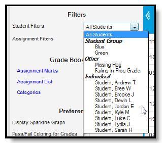 Filtering and Sorting in Grade Book Filtering Options The filtering options in the Settings menu control which students and/or assignments display in the Grade Book.