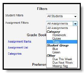 Filtering and Sorting in Grade Book, Continued Filtering By Assignments The Assignment Filters are used to limit which assignments display in the Grade Book.