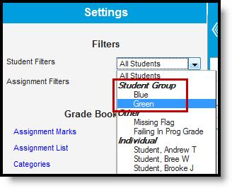 Creating and Using Student Groups, Continued Filtering Grade Book by Student Group You can also filter the Grade Book to only show students in a specific group.