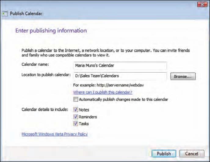 Figure 13-10 Windows Calendar allows users to publish a calendar to be viewed by others.