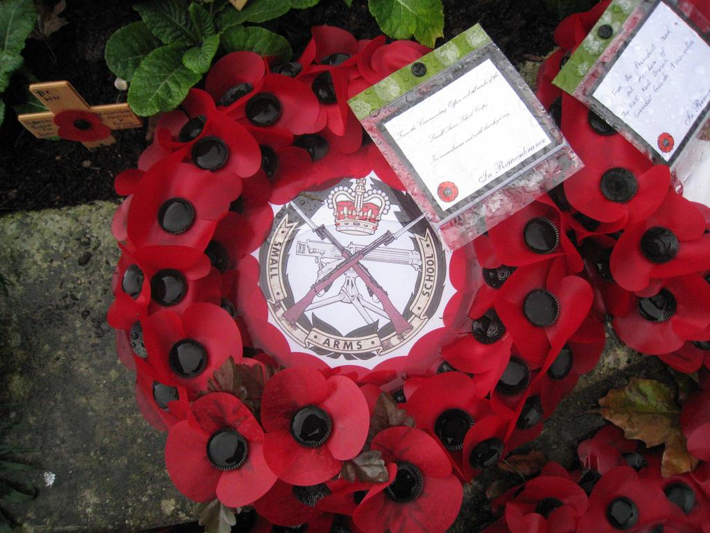 Although the Small Arms School has not been at Hythe for many years, each year without fail on Rememberance Sunday, a wreath is laid at the Hythe, Kent civic war memorial in rememberance of those who