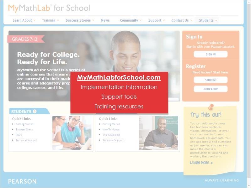 Additional Tools and Support MyMathLab for School contains a variety of additional tools and support for you and your students.