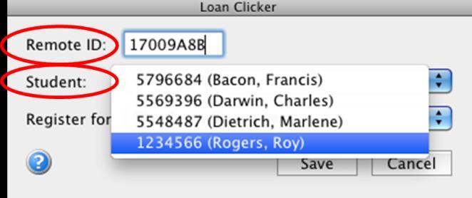 3) In the Loan Clicker window, enter the student's Remote ID, select the student name/id from the Student drop-down menu, and select One Session (Loan) from the Register for drop-down menu.