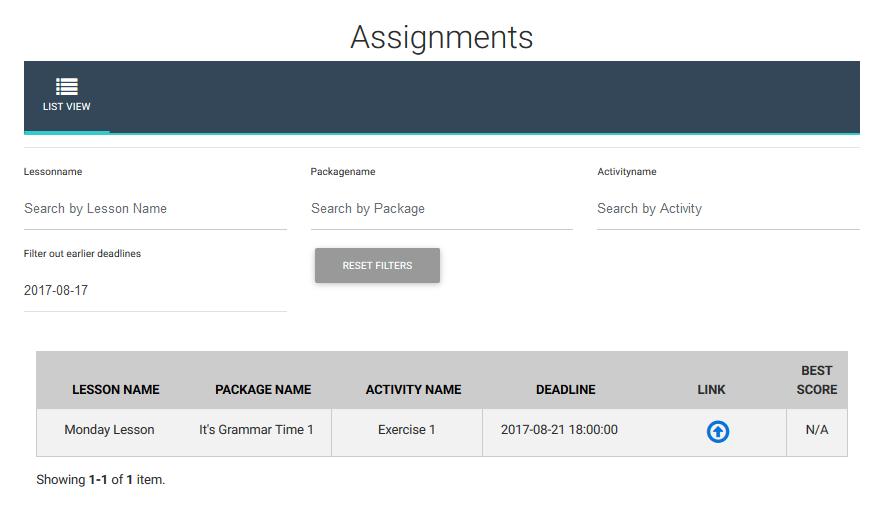 Assignments On this page, you can see what homework your teacher has given you. At the top, there are search filters, so that you can find an assignment faster. The assignments are at the bottom.