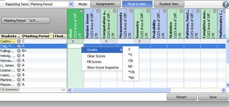 Entering Skill Values To enter the Marking Period skill assessment values, change to the Subject in the Classes list.