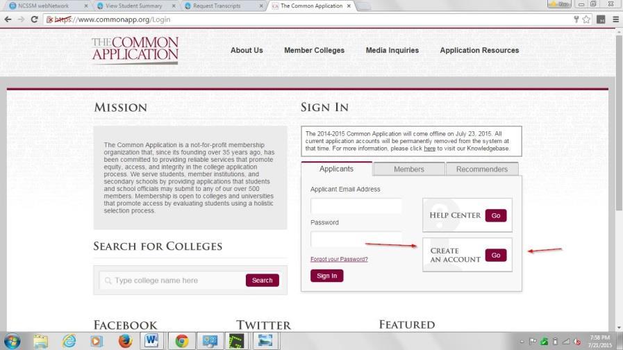 Common Application If you have not yet set up a common application account, please do so immediately at www.commonapp.