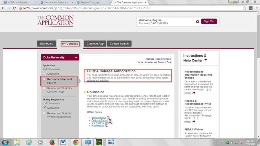 Application email address to use later in Naviance/Family Connection Fill out the following Common Application tasks: o Click on the Common App tab and complete the