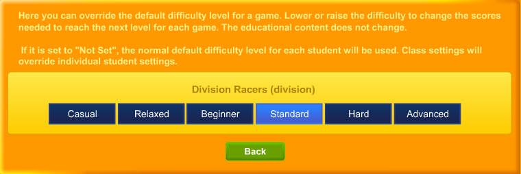 The Difficulty level setting can be changed to help make the course more appropriate for the student. The difficulty setting changes the points required to move up to the next level.