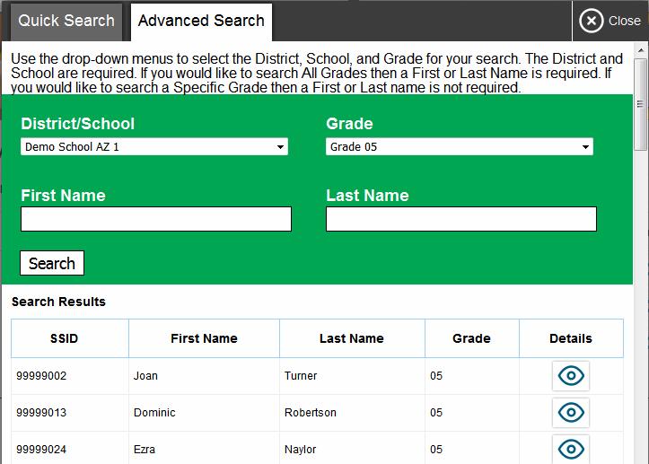 Student Lookup: Advanced Search 6. To view a student s information, click in the Details column.