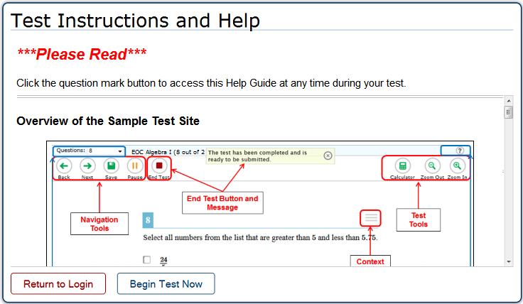 Step 6 Viewing Test Instructions and Starting the Test The Test Instructions and Help page is the end of the login process. Students review the information on this page.