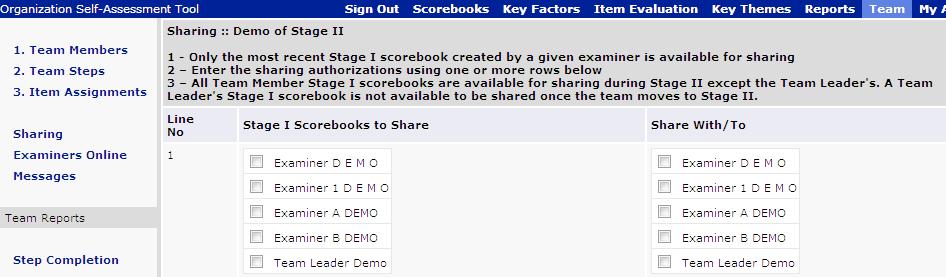 The team lead selects the scorebooks to be shared and the team members that the scorebooks will be shared with. The page is organized into working cells like other pages in the Scorebook Navigator.