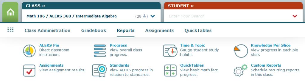 ALEKS REPORTS ALEKS offers a variety of automated reports that provide you with detailed information on student usage and learning.