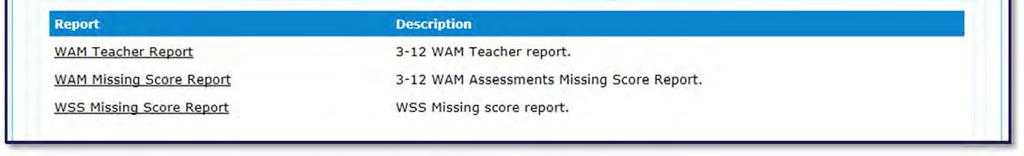 WAM Missing Score Report Provides a report of students that have not taken the WAM assessment by teacher and grade level. 3.