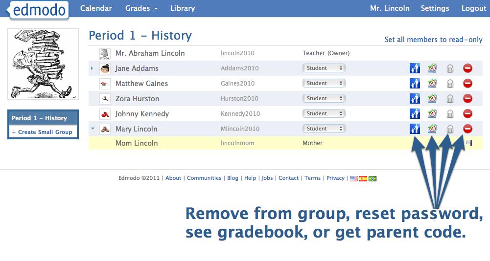 teacher can also set individual students to read-only mode within the group or set all members to read only via that link above the member list.